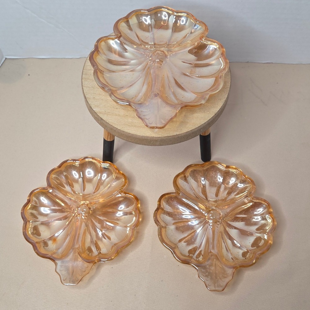3 Vintage Carnival Iridescent Marigold Glass Leaf Shaped Candy Nut‎ Dishes